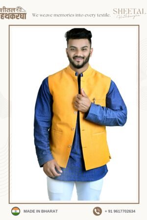 Sheetal Hathkargha Men Handwoven Yellow Color Pure Cotton Modi Jacket