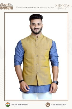 Sheetal Hathkargha Men Handwoven Tickseed Yellow Color Pure Cotton Modi Jacket